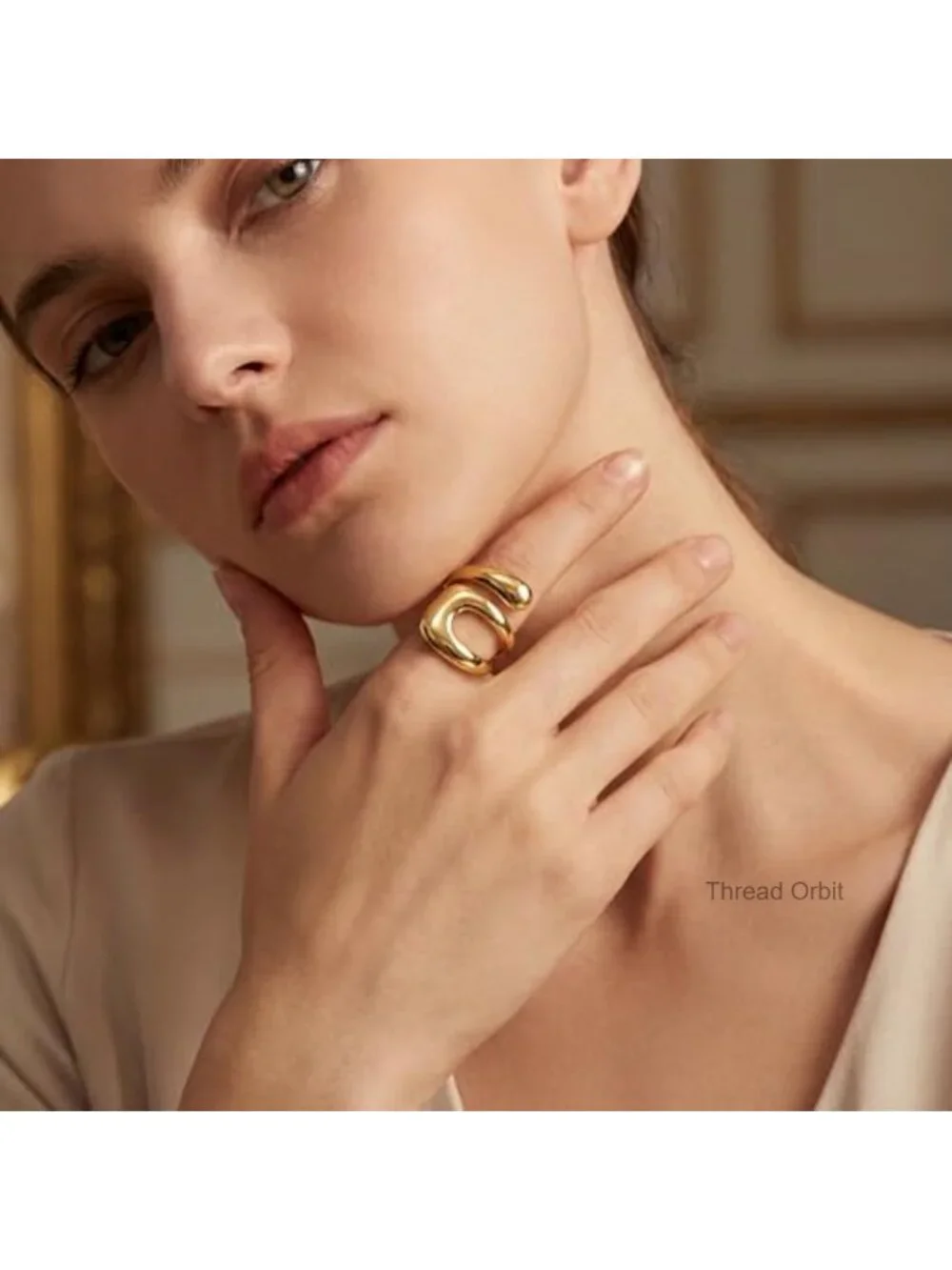 14K Gold Plated Stainless Steel Chunky Statement Stackable Open Adjustable Ring